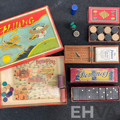 Vintage Collection of Games and Toys in Wooden Toy Box
