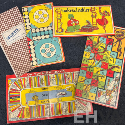 Vintage Collection of Games and Toys in Wooden Toy Box