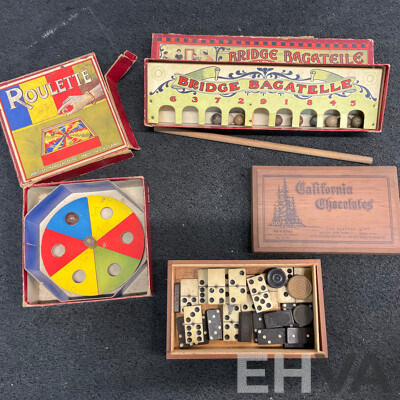 Vintage Collection of Games and Toys in Wooden Toy Box