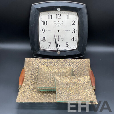 Mid-Century Square Tray with Wooden Handle and 4 Serving Plates, Cannon Quart Wall Clock