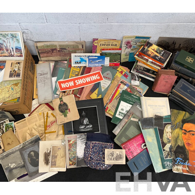 Collection of Vintage Ephemera and Collectibles, Including Custom 3D Laser-engraved Crystal Photo Blocks, Frida Kahlo Posterbook, Assorted Magazines, Books, Flight Tickets, Photos, Maps and More