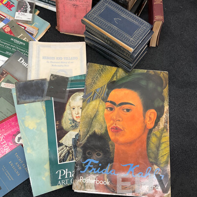 Collection of Vintage Ephemera and Collectibles, Including Custom 3D Laser-engraved Crystal Photo Blocks, Frida Kahlo Posterbook, Assorted Magazines, Books, Flight Tickets, Photos, Maps and More