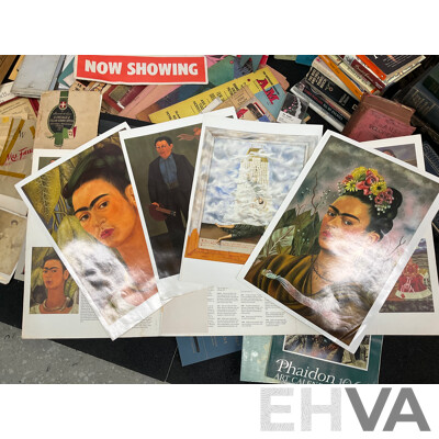 Collection of Vintage Ephemera and Collectibles, Including Custom 3D Laser-engraved Crystal Photo Blocks, Frida Kahlo Posterbook, Assorted Magazines, Books, Flight Tickets, Photos, Maps and More
