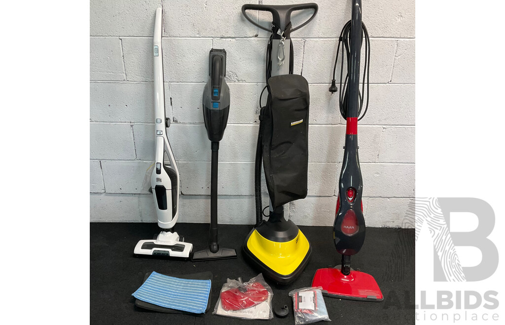 Various Floor Cleaning Appliances, Including a KARCHER Floor Poisher, Mops and Vacuums Sticks - Lot of 4