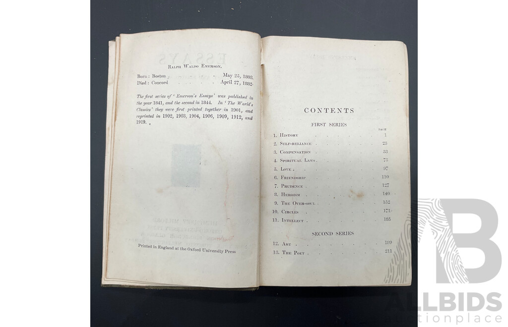 1919 Antique the World's Classics VI Emerson's Essays