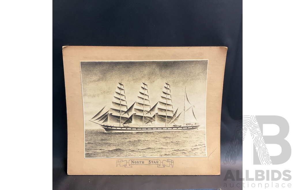 Barque From Pencil Drawing by Charles H. Moore of the 'North Star' Photograph with Vintage Sailing Embossed Box