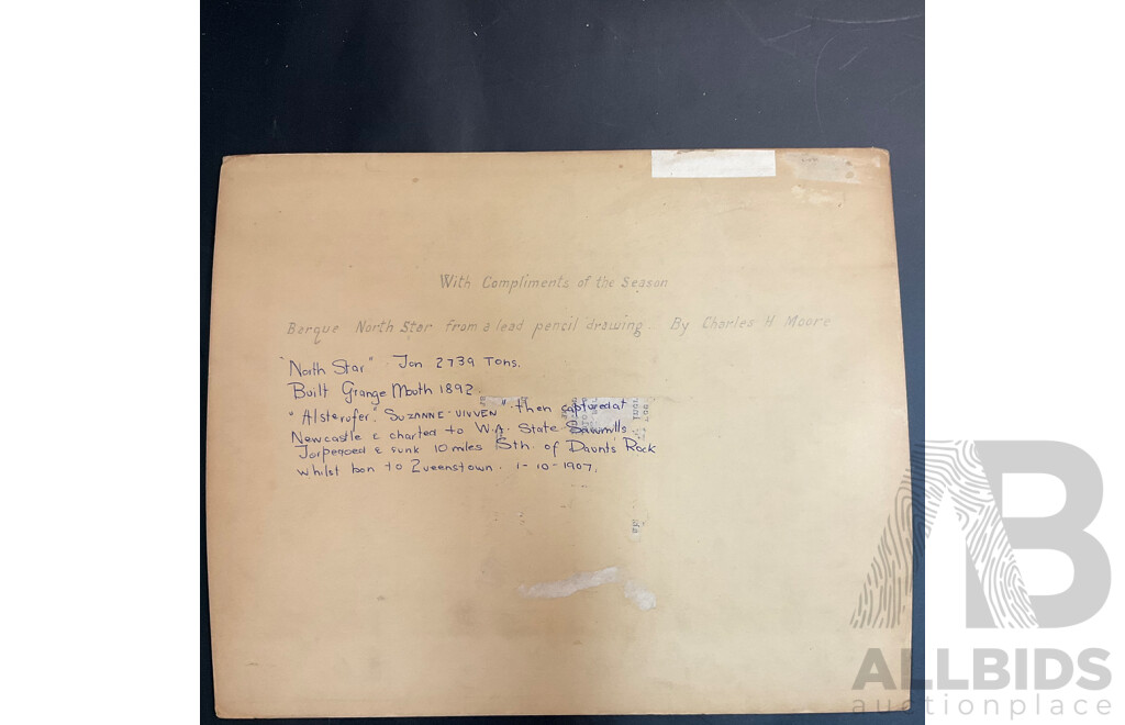 Barque From Pencil Drawing by Charles H. Moore of the 'North Star' Photograph with Vintage Sailing Embossed Box