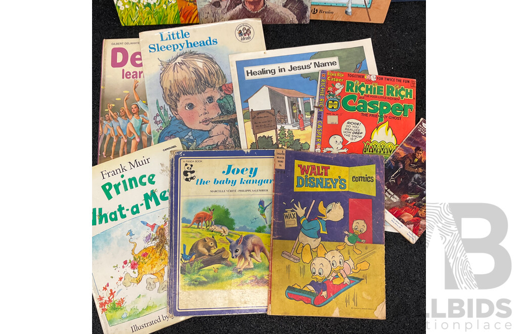 Antique and Vintage Children Books and Comics, Including Several Notable Titles and Series - the Little Golden Books (1969), Pinocchio, Walt Disney's Comics, Joey the Baby Kangaroo and More