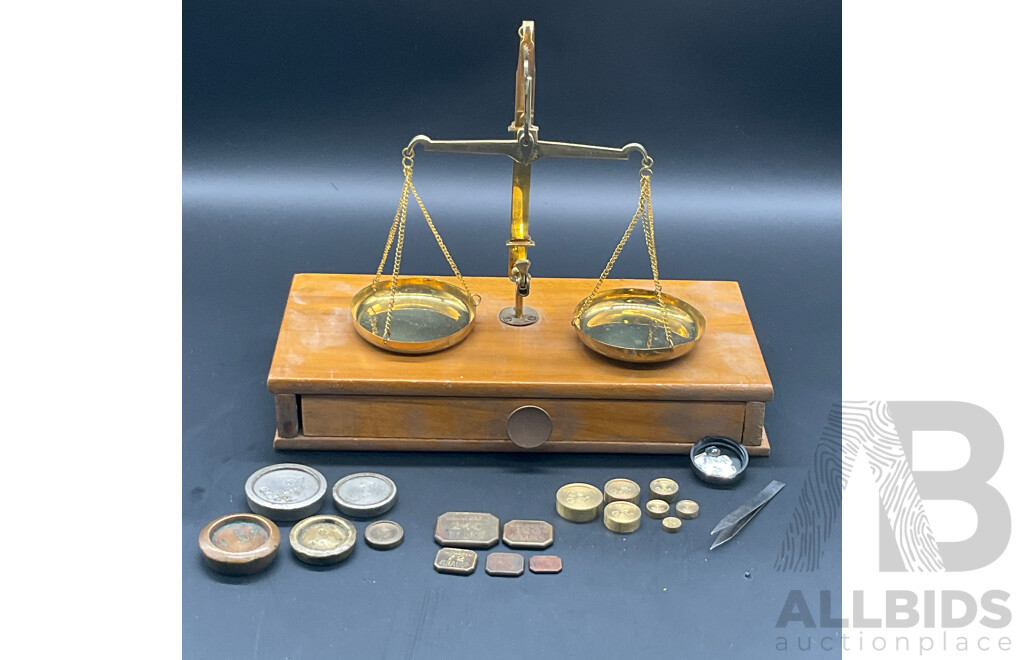 Apothecary Balance Scale with Weights in Fitted Wooden Case
