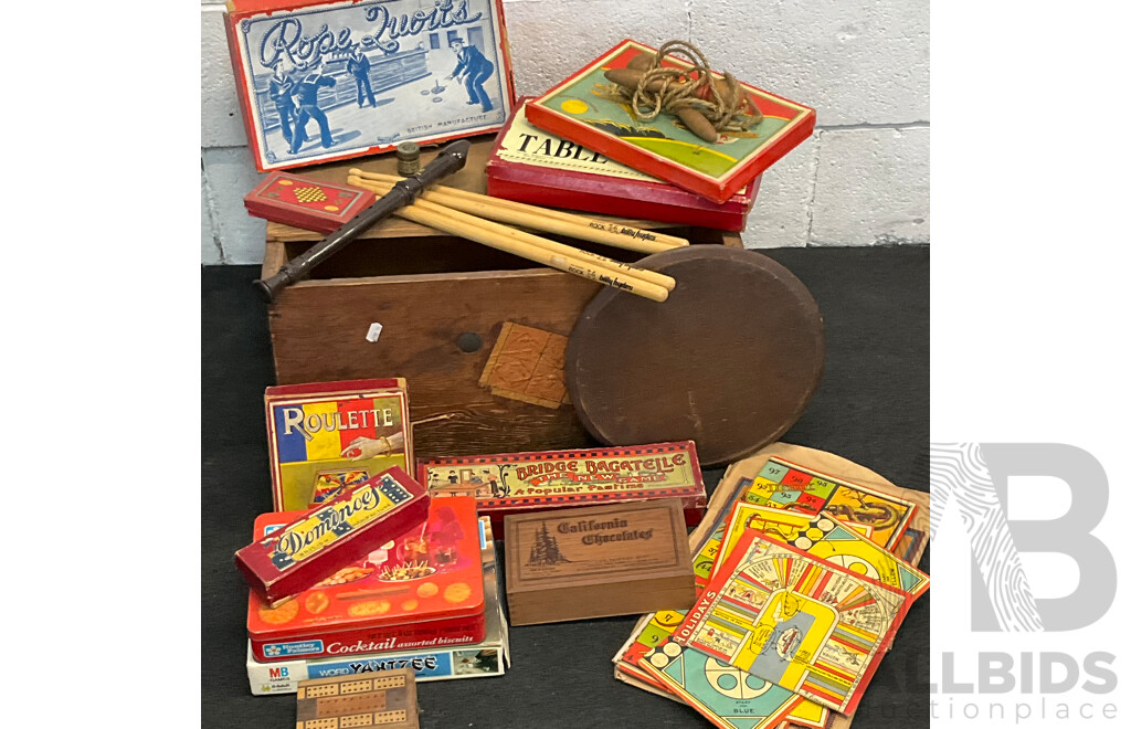 Vintage Collection of Games and Toys in Wooden Toy Box