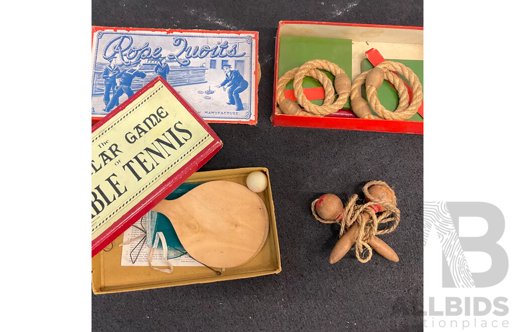 Vintage Collection of Games and Toys in Wooden Toy Box