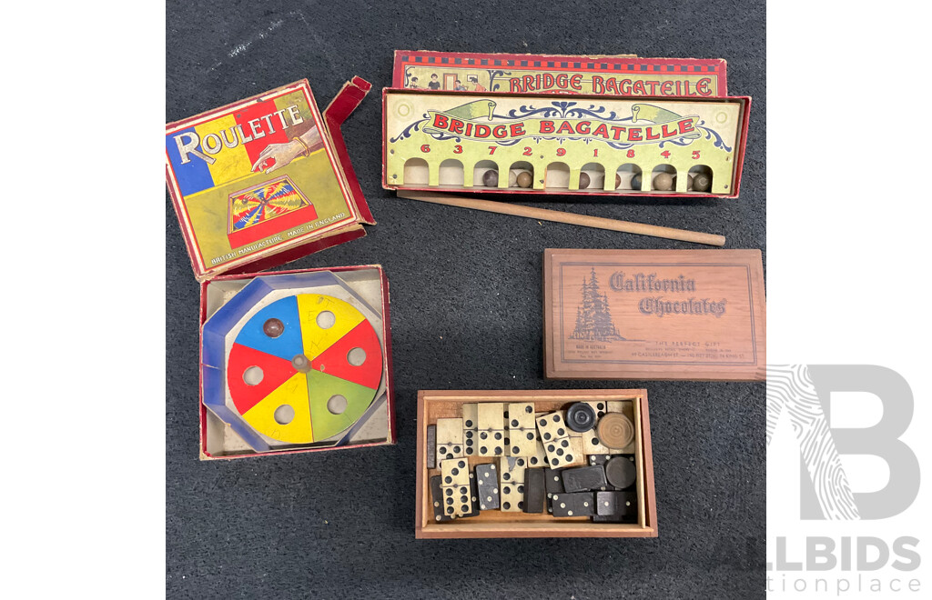 Vintage Collection of Games and Toys in Wooden Toy Box