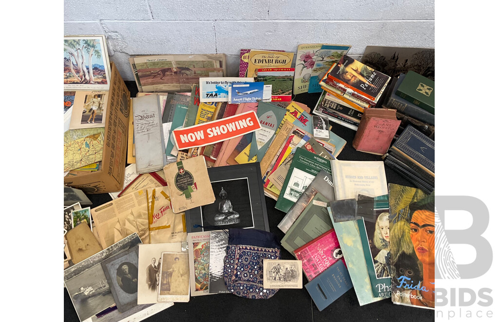 Collection of Vintage Ephemera and Collectibles, Including Custom 3D Laser-engraved Crystal Photo Blocks, Frida Kahlo Posterbook, Assorted Magazines, Books, Flight Tickets, Photos, Maps and More