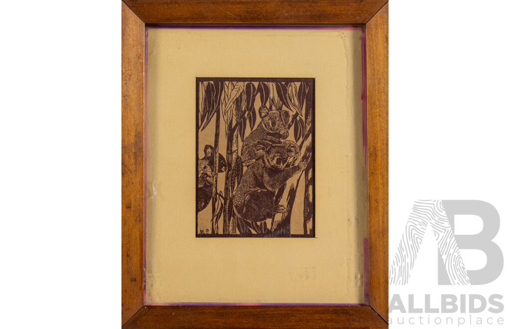 Margaret Preston, (19/20th Centuries, Australian, 1875-1963), Native Bears (c1930), Original Wood Block Print on Paper, 29 x 23 cm (frame)