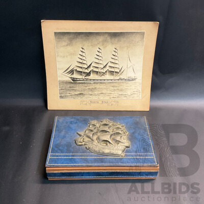 Barque From Pencil Drawing by Charles H. Moore of the 'North Star' Photograph with Vintage Sailing Embossed Box