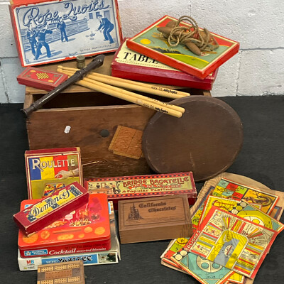 Vintage Collection of Games and Toys in Wooden Toy Box