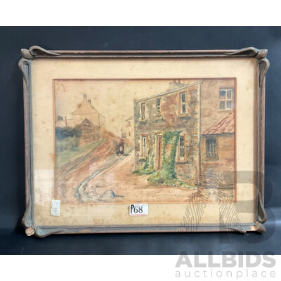 1879 Antique Framed Painting Watercolour on Paper , Street View by J.F Peterson