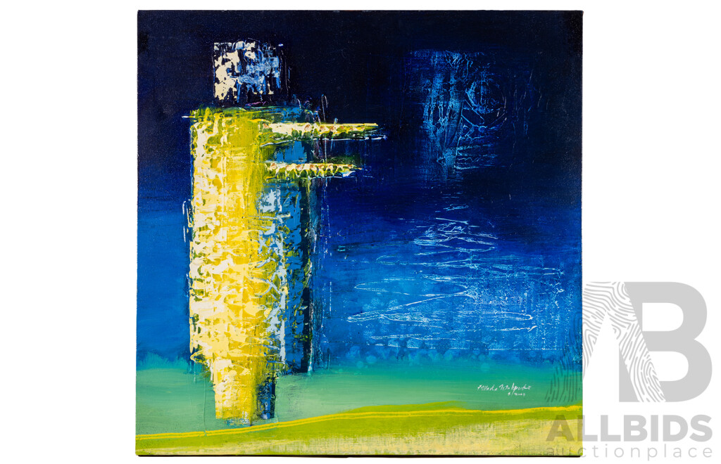 Mada Wahyudi (20th Century, Working C2000s), Abstract Solar Landscape with Robot (2009), Wonderful Original Contemporary Mixed Media on Canvas, 100 x 100 cm
