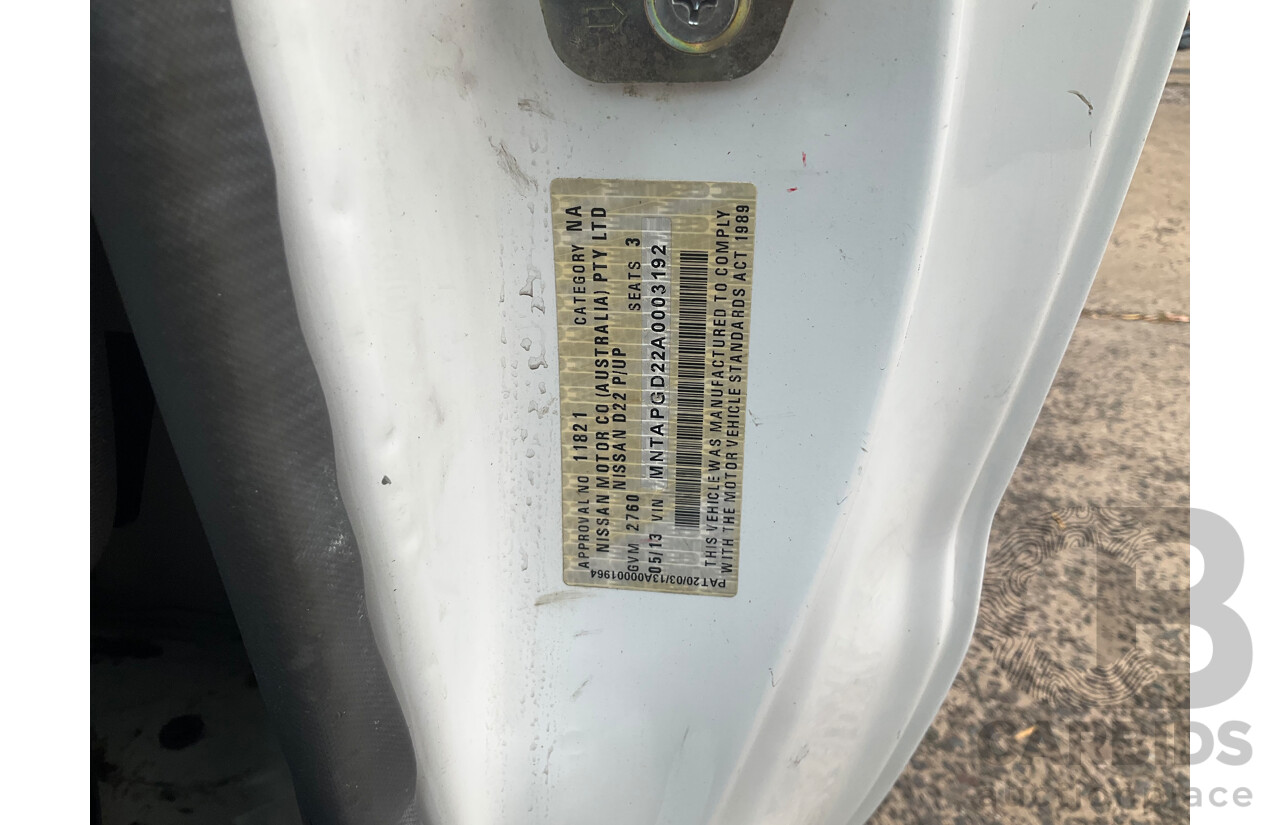 5/2013 Nissan Navara DX (4x2) D22 SERIES 5 C/Chas Polar White Turbo Diesel 2.5L