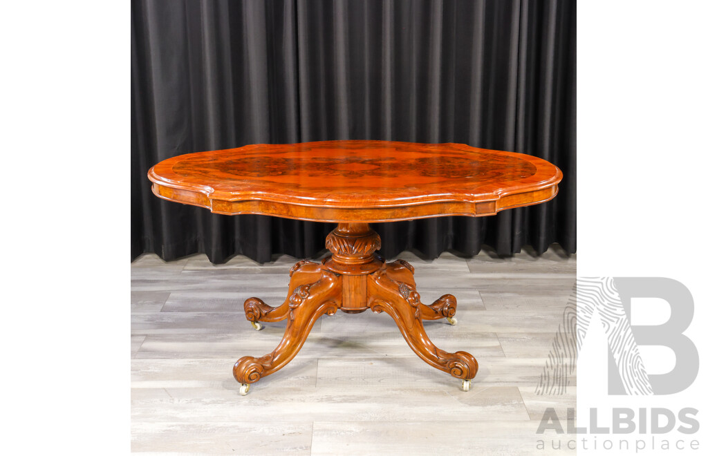 Victorian Bur Walnut Sheild Shaped Loo Table