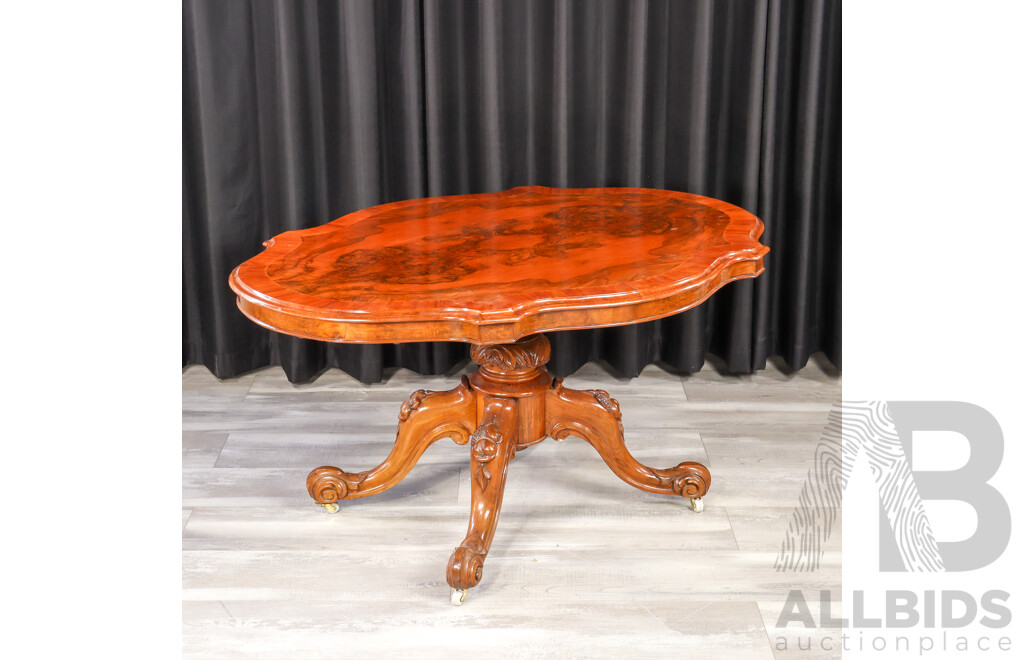 Victorian Bur Walnut Sheild Shaped Loo Table