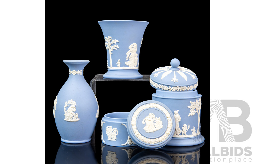 Wedgewood Blue Dip Jasperware Lidded Tobacco Jar with Two Vaese and Lidded Pin Dish