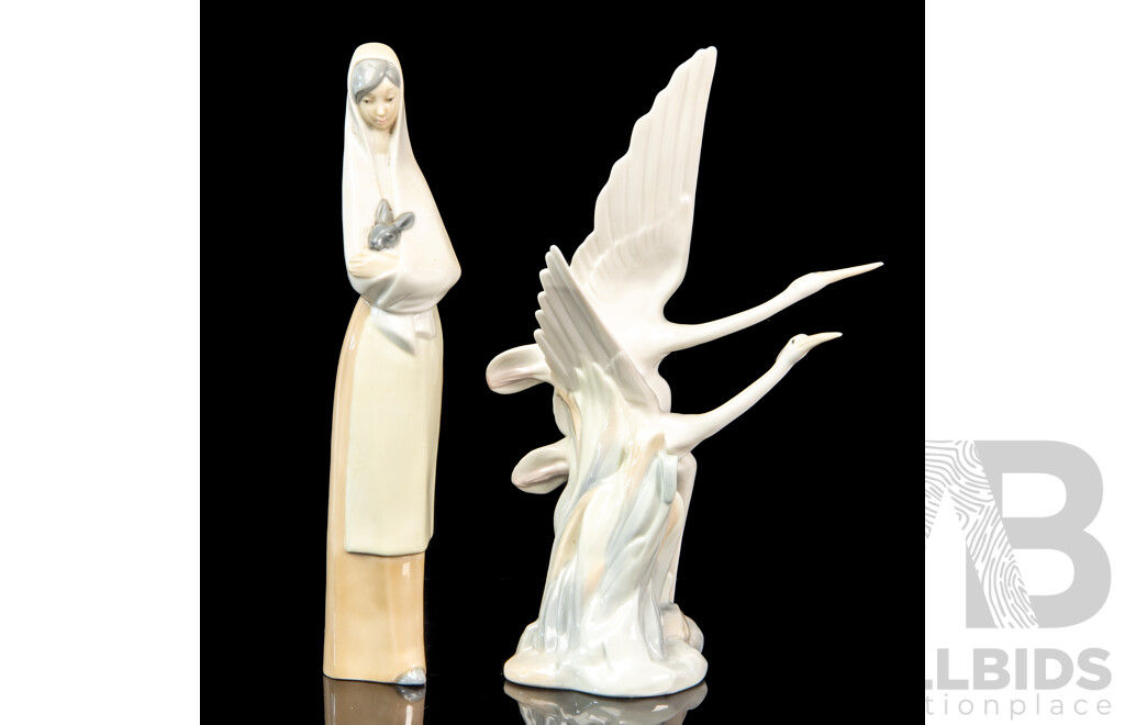 Pair of Nao Figures Inc Soaring Storks and Hooded Woman by Lladro