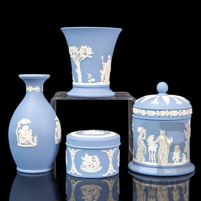Wedgewood Blue Dip Jasperware Lidded Tobacco Jar with Two Vaese and Lidded Pin Dish