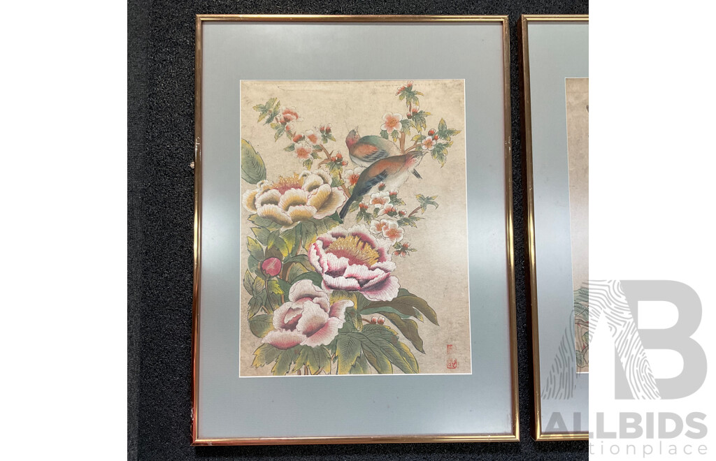 Pair of Vintage Asian-style Framed Art Prints, Ink and Watercolor on Paper, 56 x 42 Cm (frame)