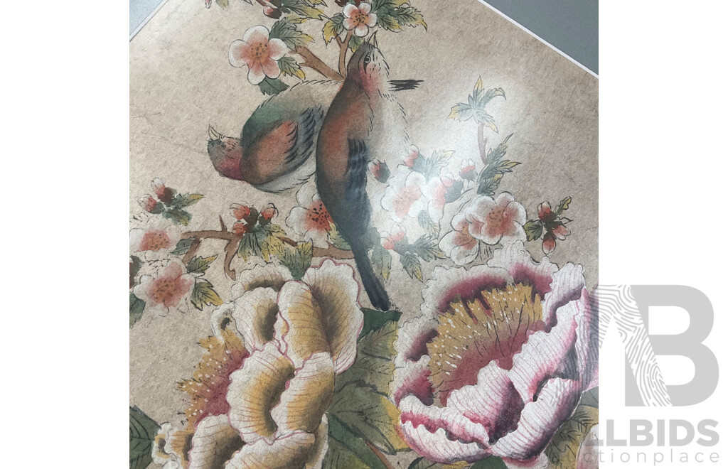 Pair of Vintage Asian-style Framed Art Prints, Ink and Watercolor on Paper, 56 x 42 Cm (frame)