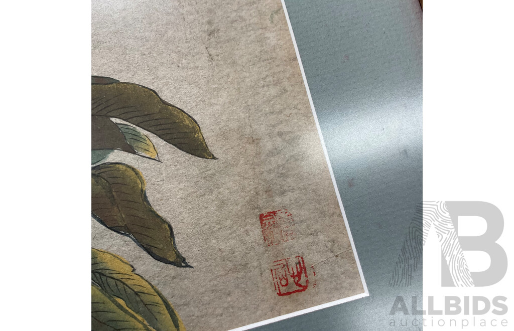 Pair of Vintage Asian-style Framed Art Prints, Ink and Watercolor on Paper, 56 x 42 Cm (frame)