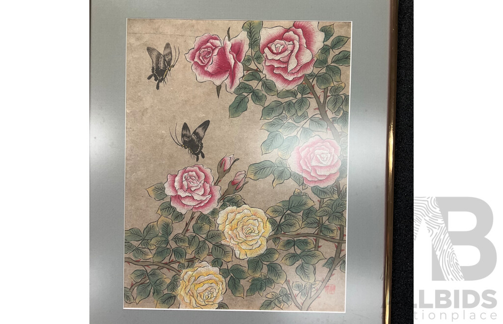 Pair of Vintage Asian-style Framed Art Prints, Ink and Watercolor on Paper, 56 x 42 Cm (frame)