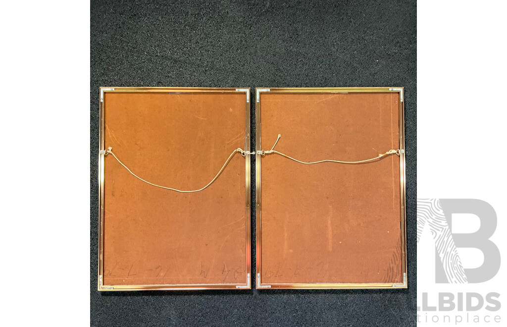 Pair of Vintage Asian-style Framed Art Prints, Ink and Watercolor on Paper, 56 x 42 Cm (frame)