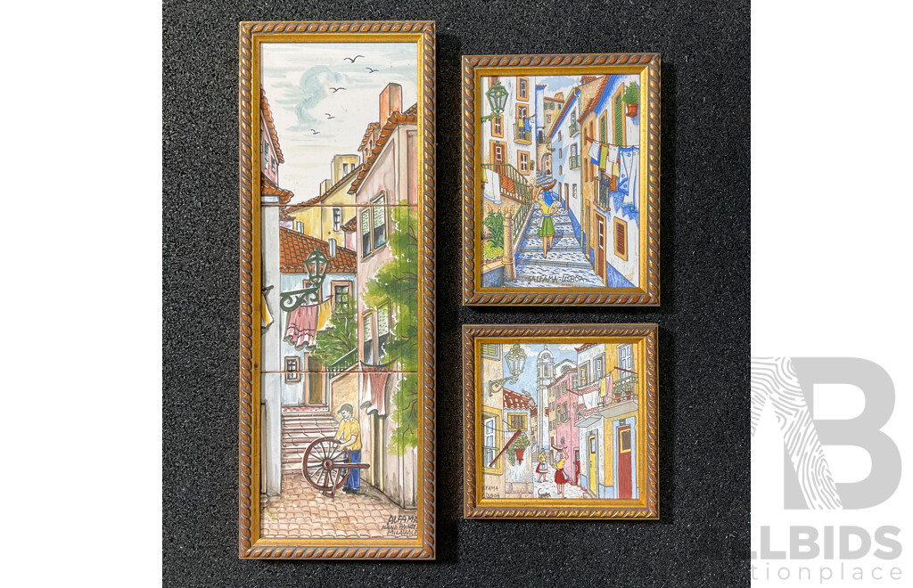 Alfama Lisboa ''Lisboa Portugal'' Hand Painted Milavale, 48 x 17 Cm (frame), 17 x 17.5 Cm (frame), 23 x 18 Cm (frame)