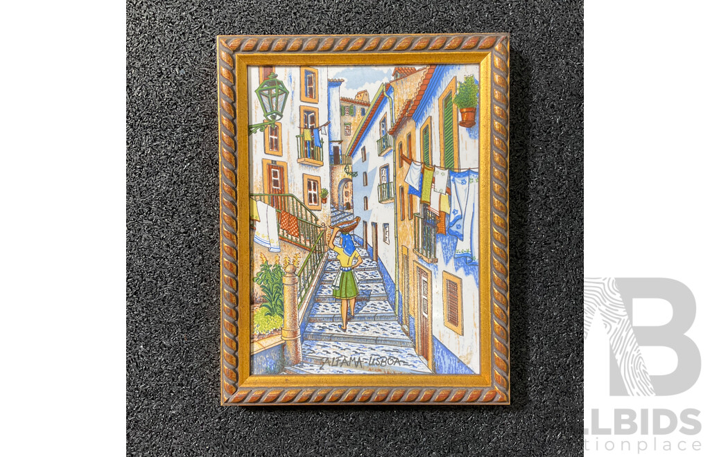 Alfama Lisboa ''Lisboa Portugal'' Hand Painted Milavale, 48 x 17 Cm (frame), 17 x 17.5 Cm (frame), 23 x 18 Cm (frame)