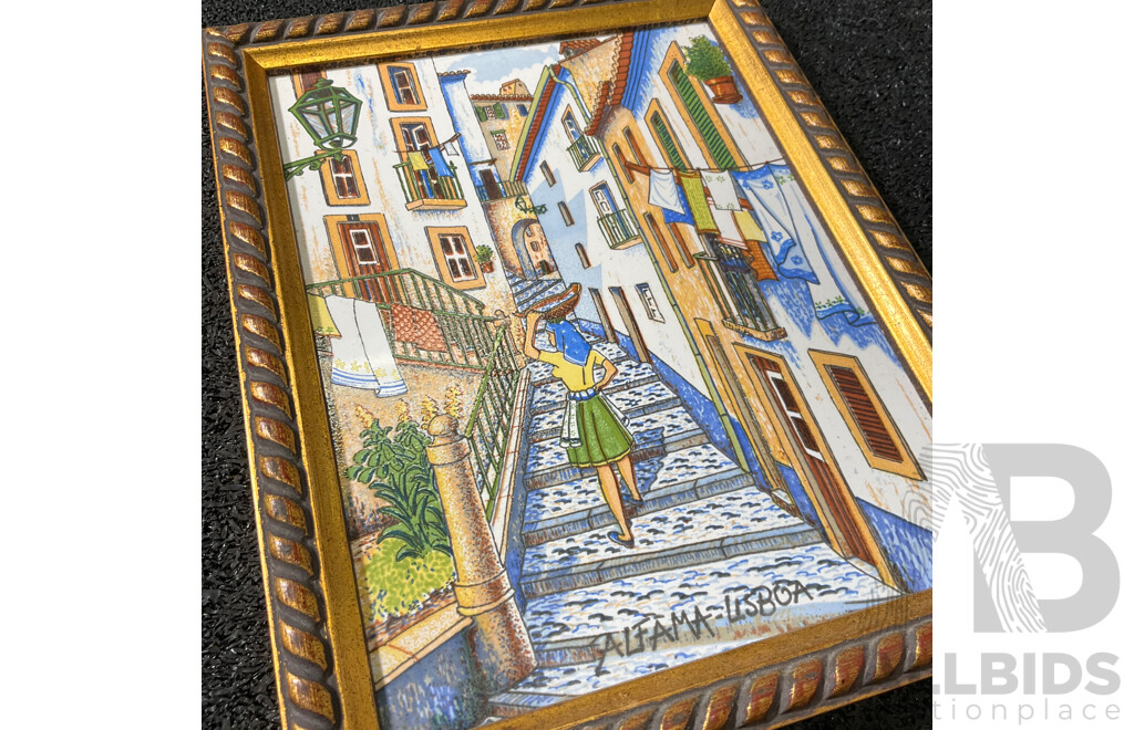 Alfama Lisboa ''Lisboa Portugal'' Hand Painted Milavale, 48 x 17 Cm (frame), 17 x 17.5 Cm (frame), 23 x 18 Cm (frame)