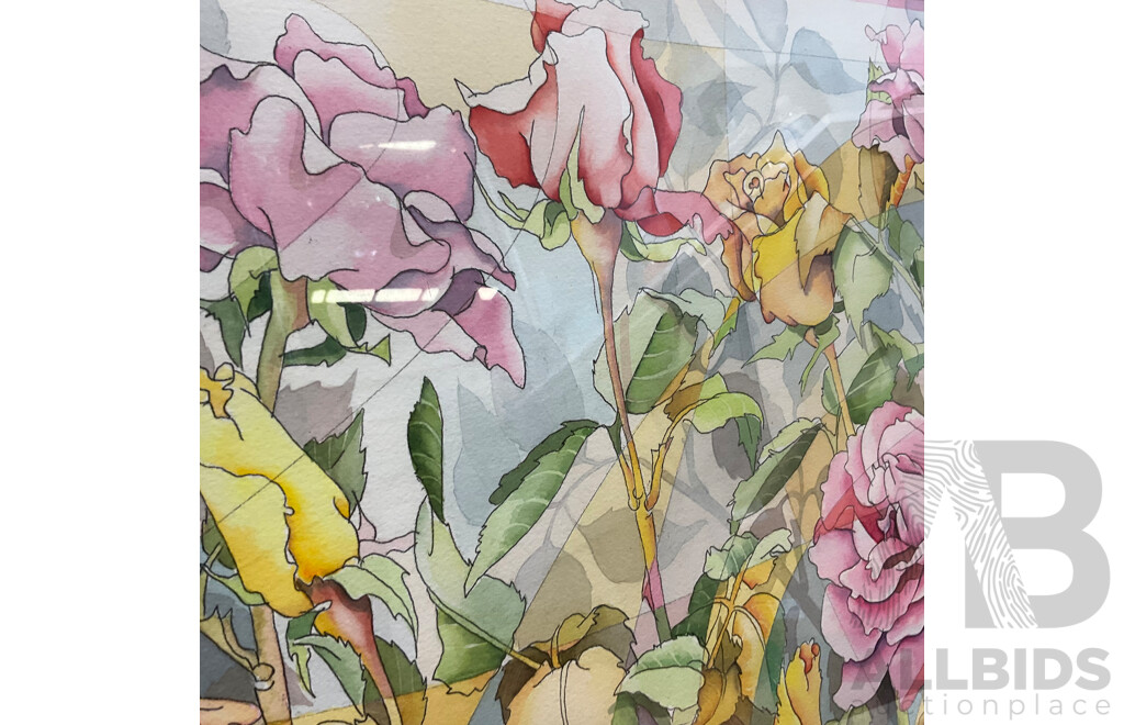 Anne Friend  ''Rose Garden'' Monoprint, Watercolour and Pencil, 56 x 77 Cm (frame)