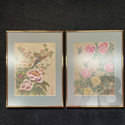Pair of Vintage Asian-style Framed Art Prints, Ink and Watercolor on Paper, 56 x 42 Cm (frame)