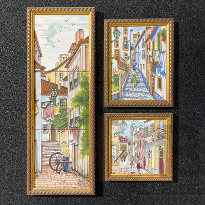 Alfama Lisboa ''Lisboa Portugal'' Hand Painted Milavale, 48 x 17 Cm (frame), 17 x 17.5 Cm (frame), 23 x 18 Cm (frame)