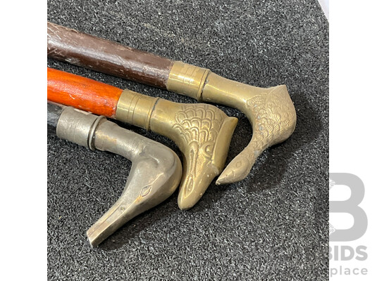 Vintage Bird Shaped Handles Wooden Walking Sticks - Lot of 3