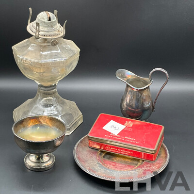 Vintage Decorative Silverplate Plate, Sugar Bowl and Footed Creamer, Glass Kerosene Table Lamp and Benson and Hedges Cigarette Tin - Lot of 5