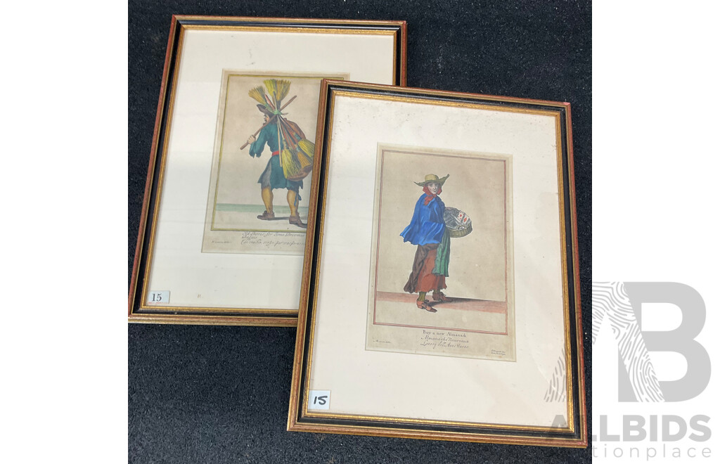 Two Vintage Prints, Cryes of London ''Saleswomen of Almanacks'' and ''Old Schooes Fro Some Broomes''