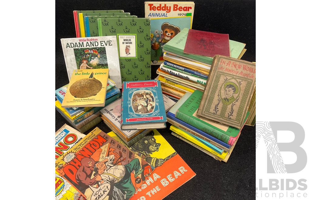 Lot of Kids Vintage Books and Comics, Including Walt Disney, Gulliver's Travels by Jonathan Swift, the Little Prince, Masha and the Bear, in a New World by Horatio Alger Jr. and More
