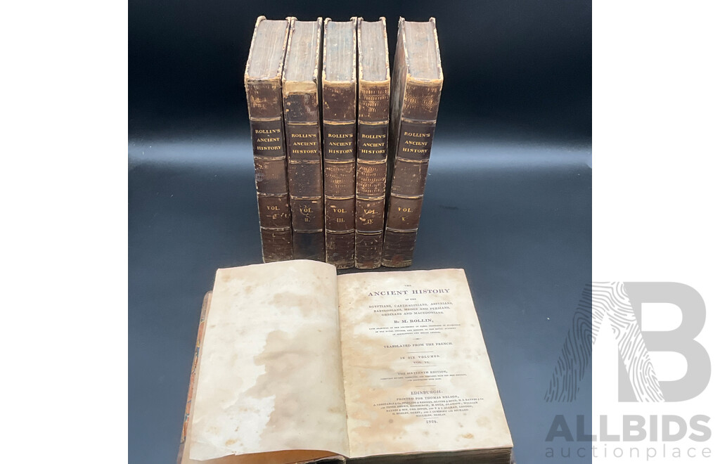 Six Antique Leather-Bound Books of Rollin's Ancient History