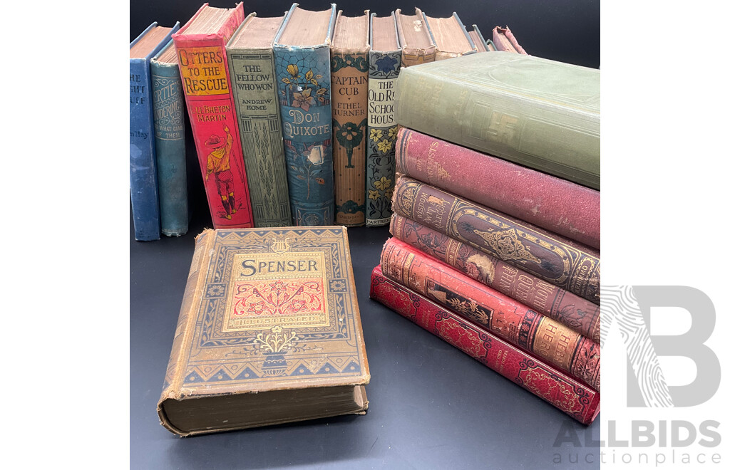 Collection of Early 20th Century Fiction in Decorative Hardback, Including Don Quixote, Poetical Works of Edmund Spenser, Otters to the Rescue and More
