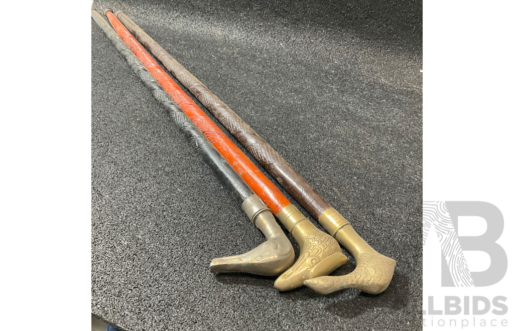 Vintage Bird Shaped Handles Wooden Walking Sticks  - Lot of 3