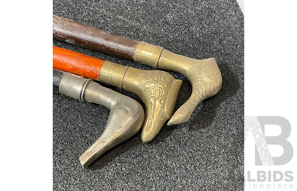 Vintage Bird Shaped Handles Wooden Walking Sticks  - Lot of 3
