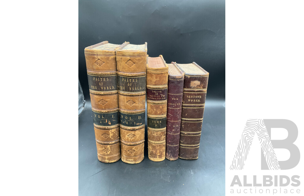 Assorted Antique Books, Including Faiths of the World. Vol I and II, Newtown's Works, the Argosy and Traite De Medicine Operatiore - Lot of 5