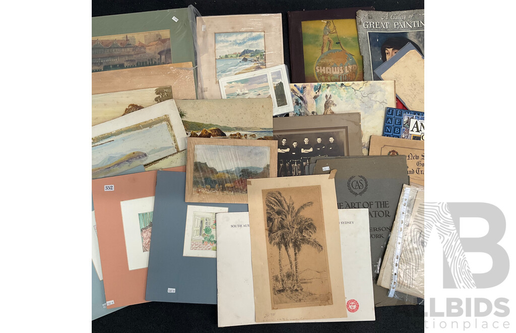 Assorted Vintage Pencil and Ink Sketches, Landscape Watercolour Paintings and Other