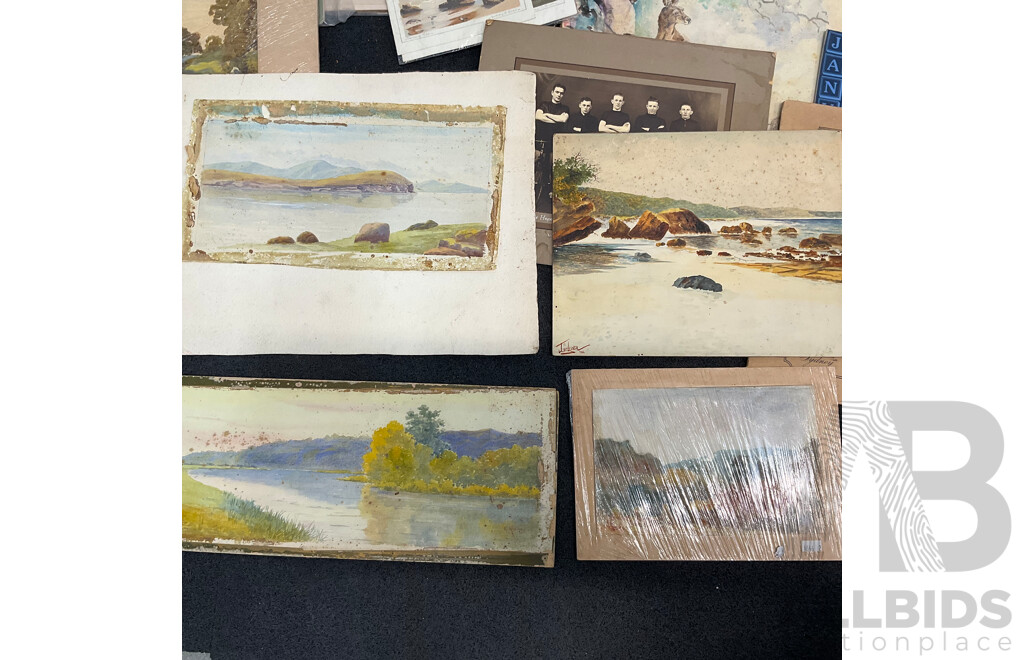 Assorted Vintage Pencil and Ink Sketches, Landscape Watercolour Paintings and Other